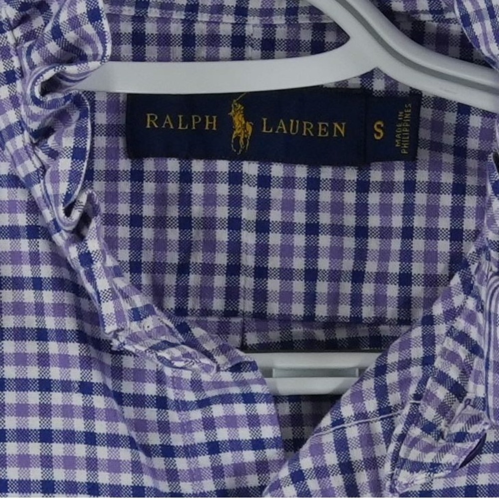 Ralph Lauren Ruffle Collar Shirt Women's Size Small Purple Gingham Cropped - Picture 5 of 7